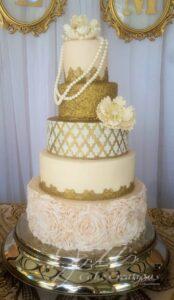 Custom Wedding Cakes Santa Clarita Pearls and Gold Wrapped