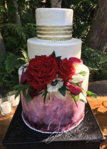 Custom Wedding Cakes Santa Clarita Gold Stripes and Purple Gradient Flowers